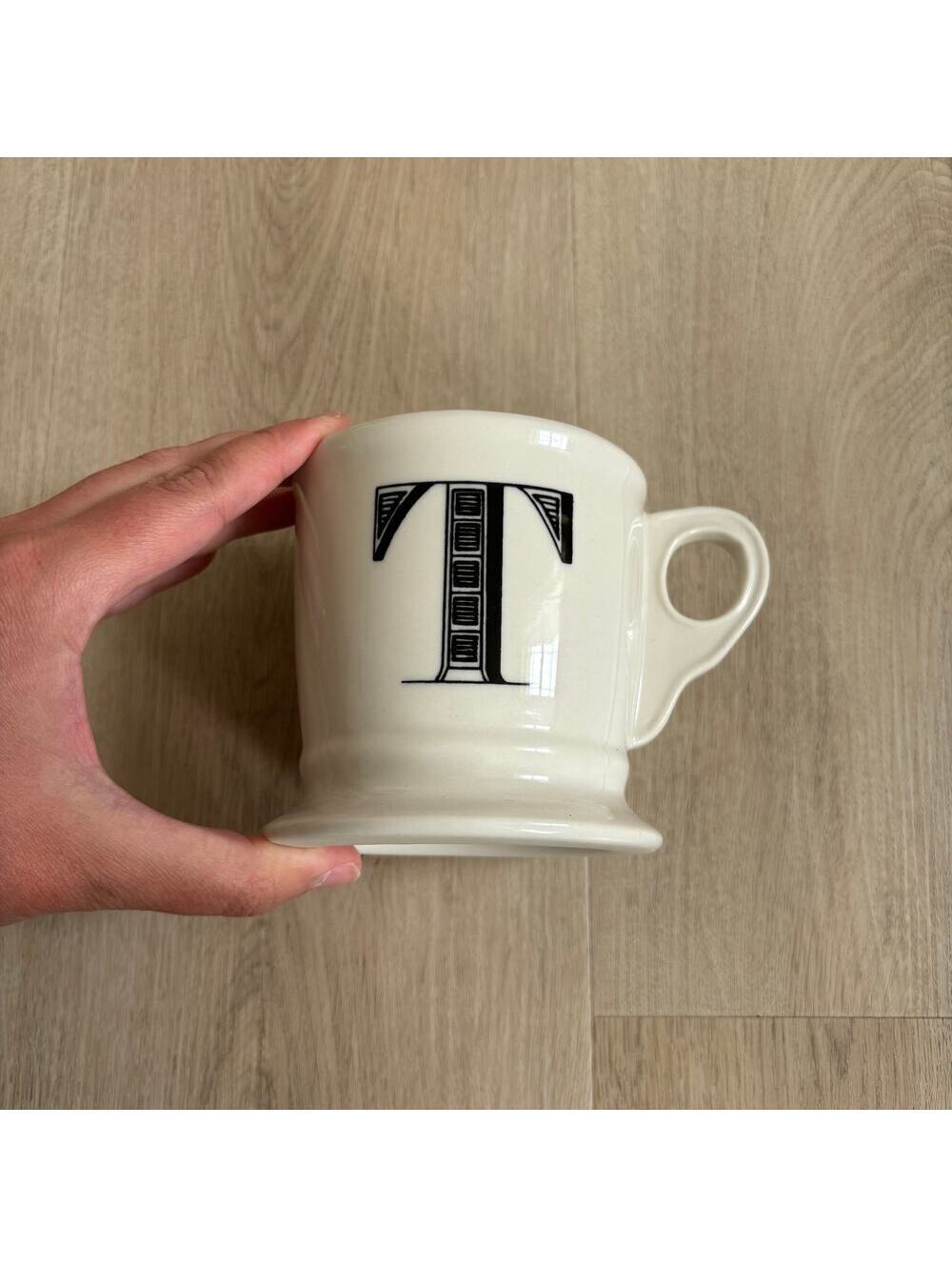 Anthropologie NWOT Bistro Monogram "T" Mug Black White Shaving Design